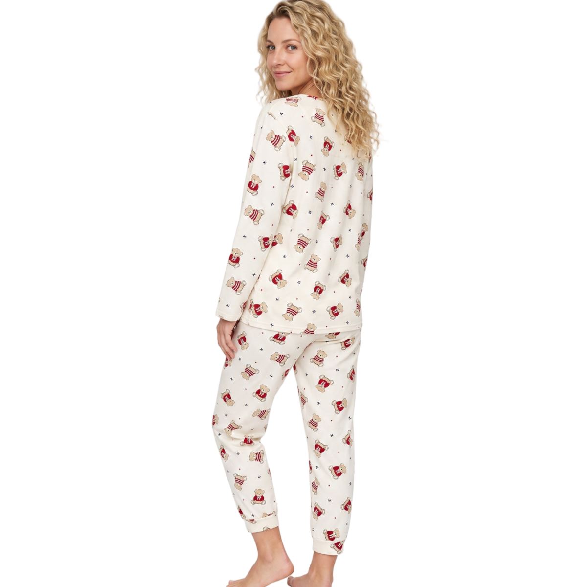 Indigo Sky Womens Long Sleeve Teddy Print Pyjama Set - Ivory Indigo Sky