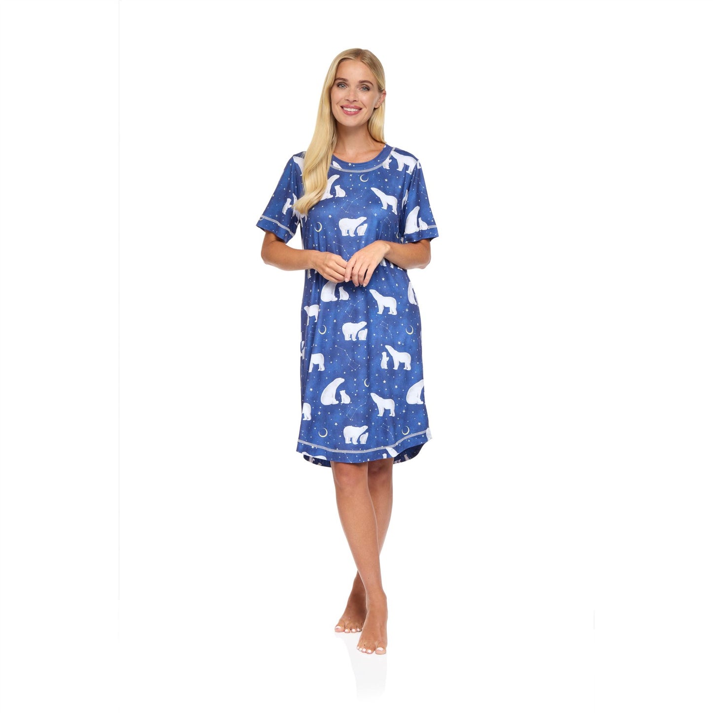 La Marquise Womens Jersey Knit Polar Bear Short Sleeve Nightdress - Navy
