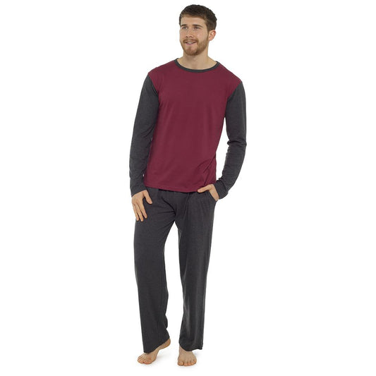 Tom Franks Mens Contrast Long Sleeve Jersey Pyjamas - Grey/Red