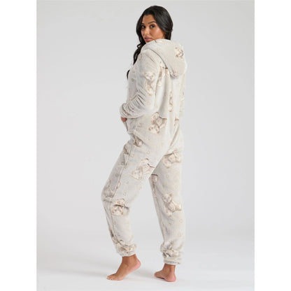 Loungeable Womens Teddy Bear Print Fleece Onesie - Taupe