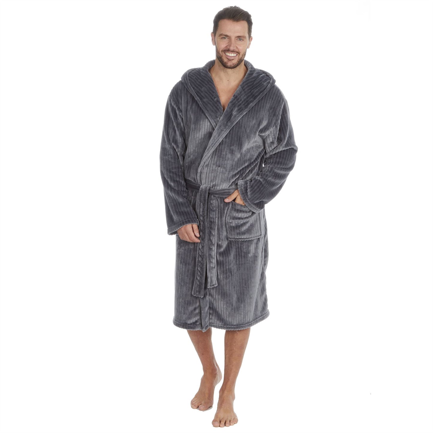 Pierre Roche Mens Vertical Clipped Fleece Hooded Robe - Grey