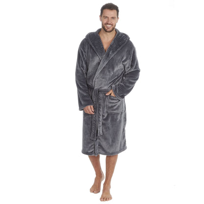 Pierre Roche Mens Vertical Clipped Fleece Hooded Robe - Grey