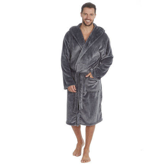 Pierre Roche Mens Vertical Clipped Fleece Hooded Robe - Grey