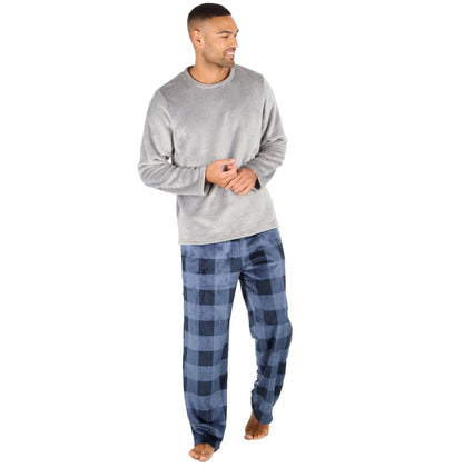 Cargo Bay Mens Fleece Pyjamas - Grey/Navy Check