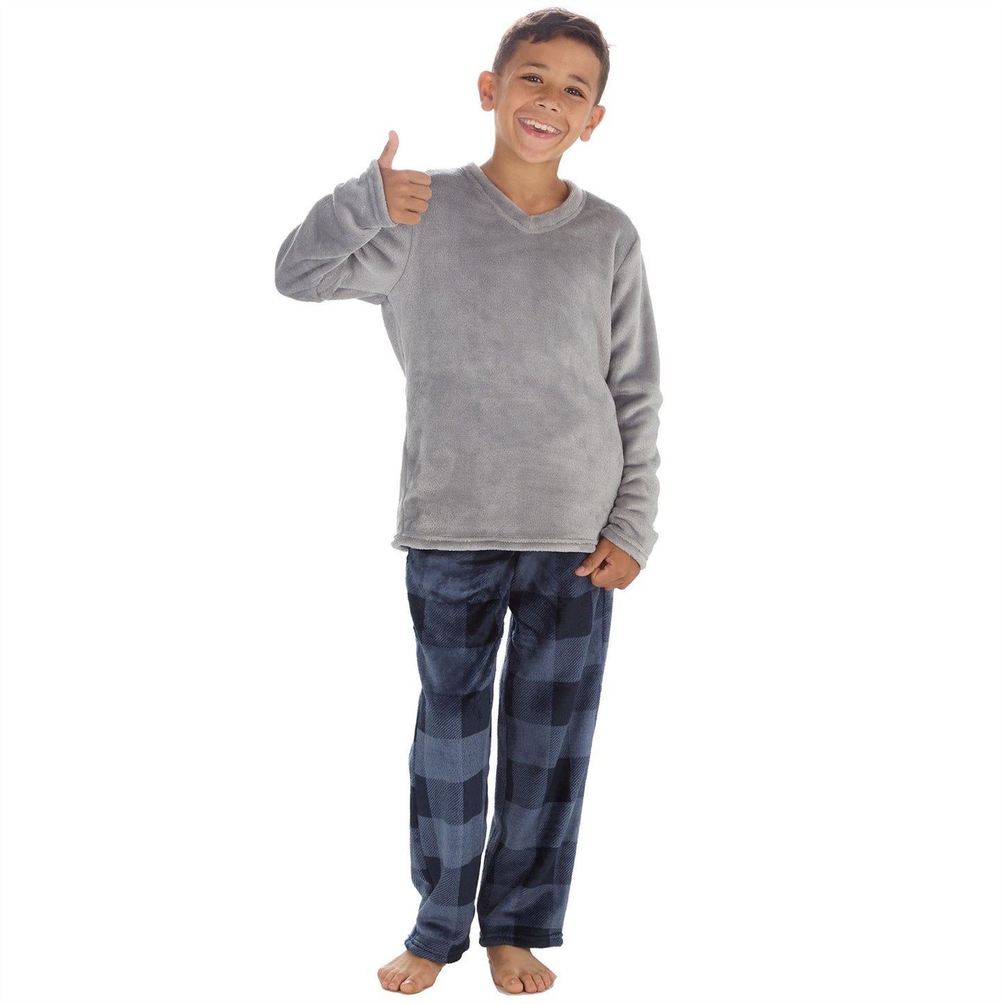 Cargo Bay Kids Fleece Pyjamas - Grey/Navy Check