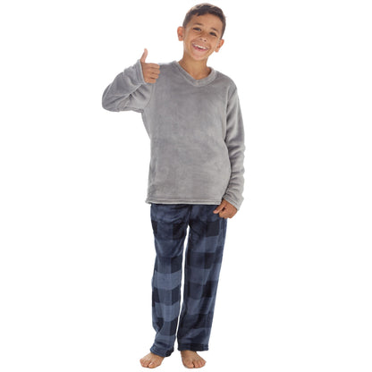 Cargo Bay Kids Fleece Pyjamas - Grey/Navy Check