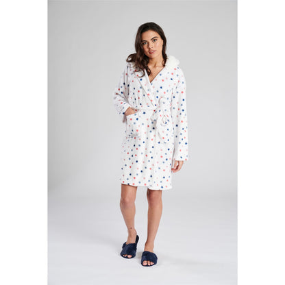 Loungeable Womens Star Embossed Fleece Hooded Robe - White/Multi