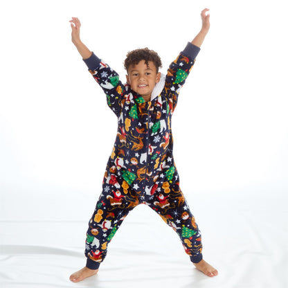 Kids All Over Print Fleece Christmas Onesie - Navy (2-6 Years) Onezee