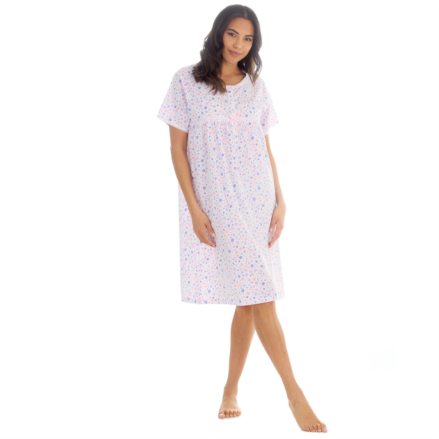 Countess Christie Short Sleeve Woven Poplin Floral Nightdress - Purple/Pink
