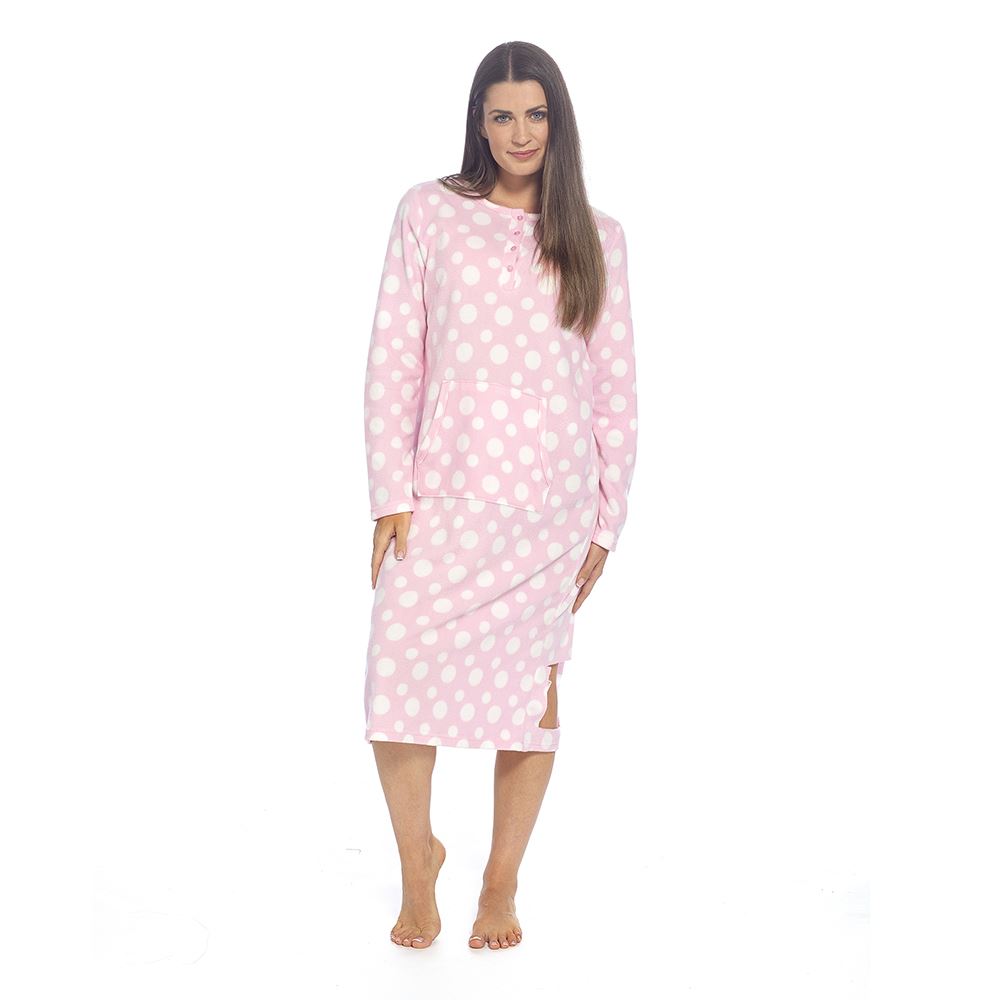 Wolf and Harte Womens Fleece Button Placket Nightdress - Pink Spots