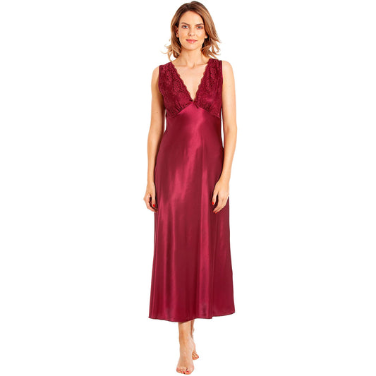 Lady Olga Long Satin Nightdress - Claret