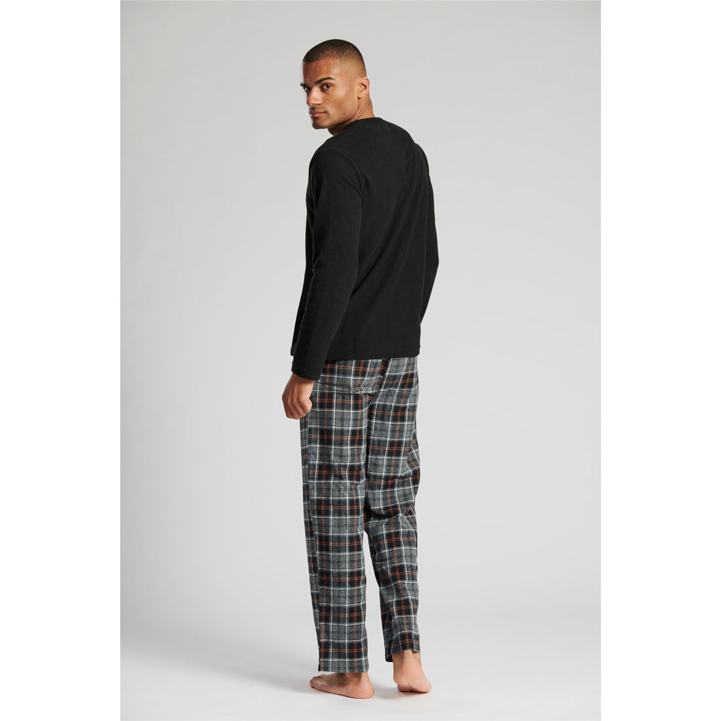 Loungeable Mens Ribbed Fleece/Woven Pyjamas - Black/Grey Check