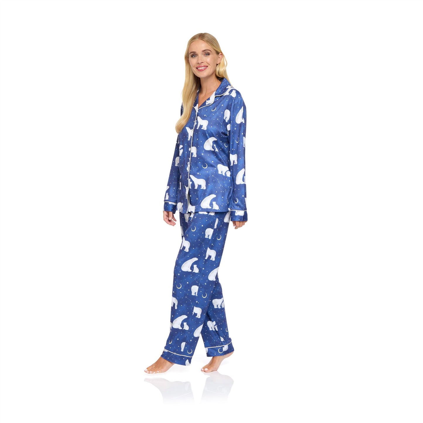 La Marquise Womens Jersey Knit Button Through Polar Bear Pyjamas - Navy
