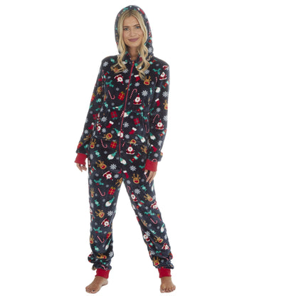 Slumber Party Unisex Christmas Print Flannel Fleece Onesie - Navy
