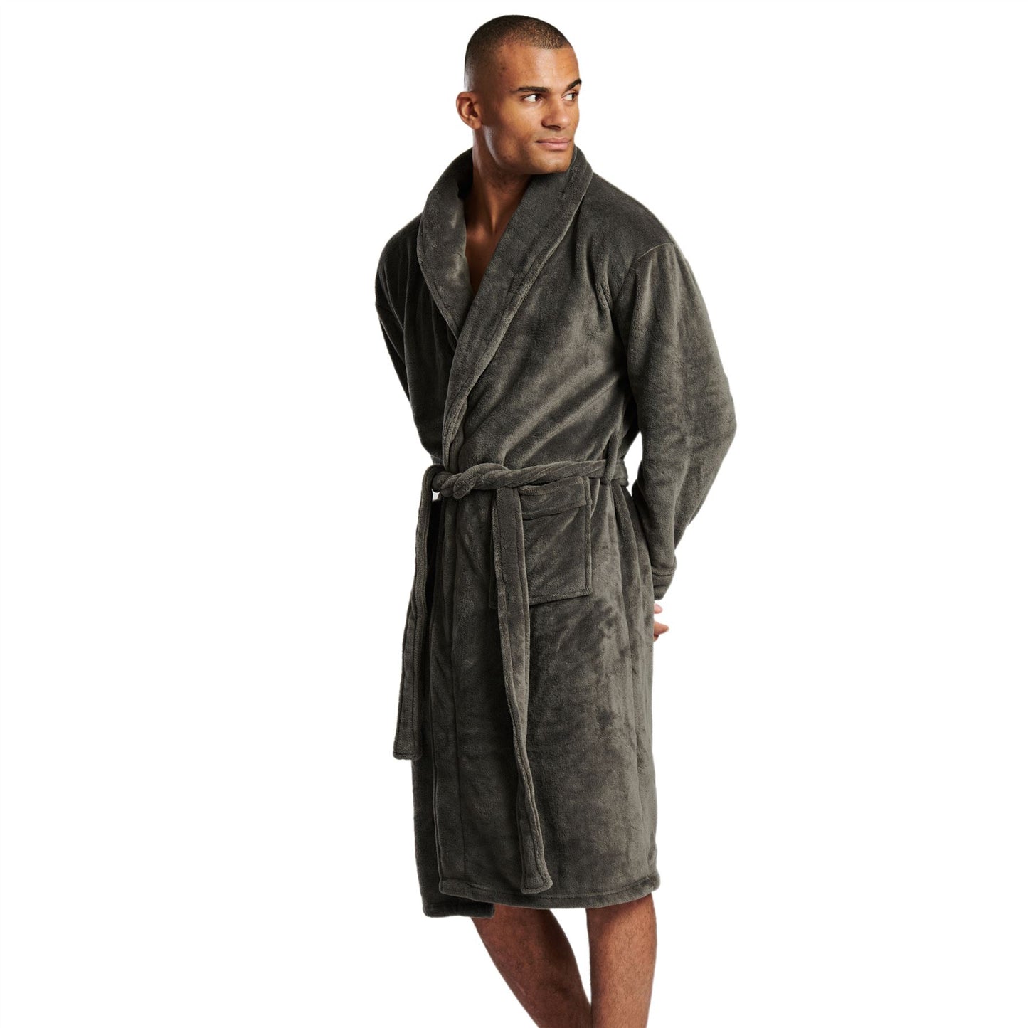 Loungeable Mens Solid Collar Fleece Robe - Charcoal Grey