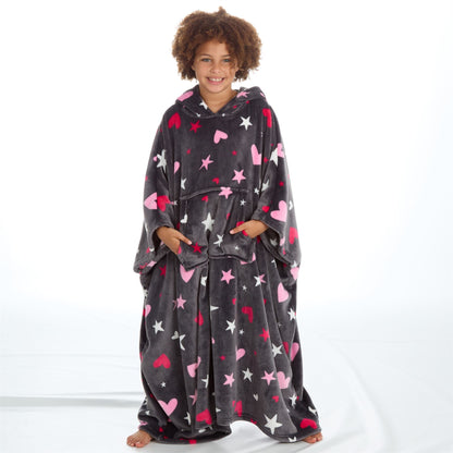 Huggable Hoodie Kids Fleece Oversized Poncho - Grey Stars/Hearts Huggable Hoodie