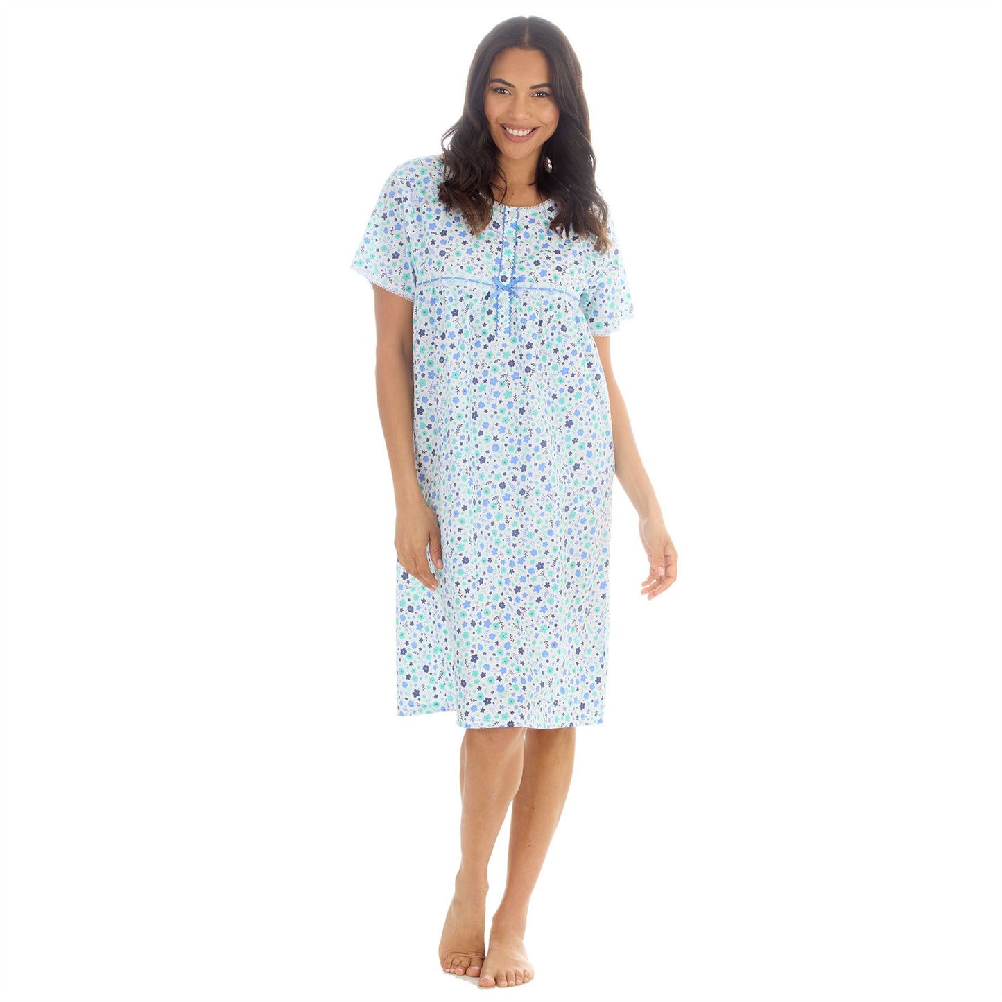 Countess Christie Short Sleeve Woven Poplin Floral Nightdress - Blue/Mint