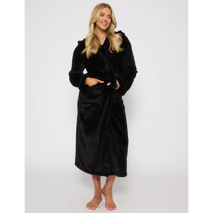 Loungeable Ribbon Trim Luxury Fleece Hooded Maxi Robe - Black
