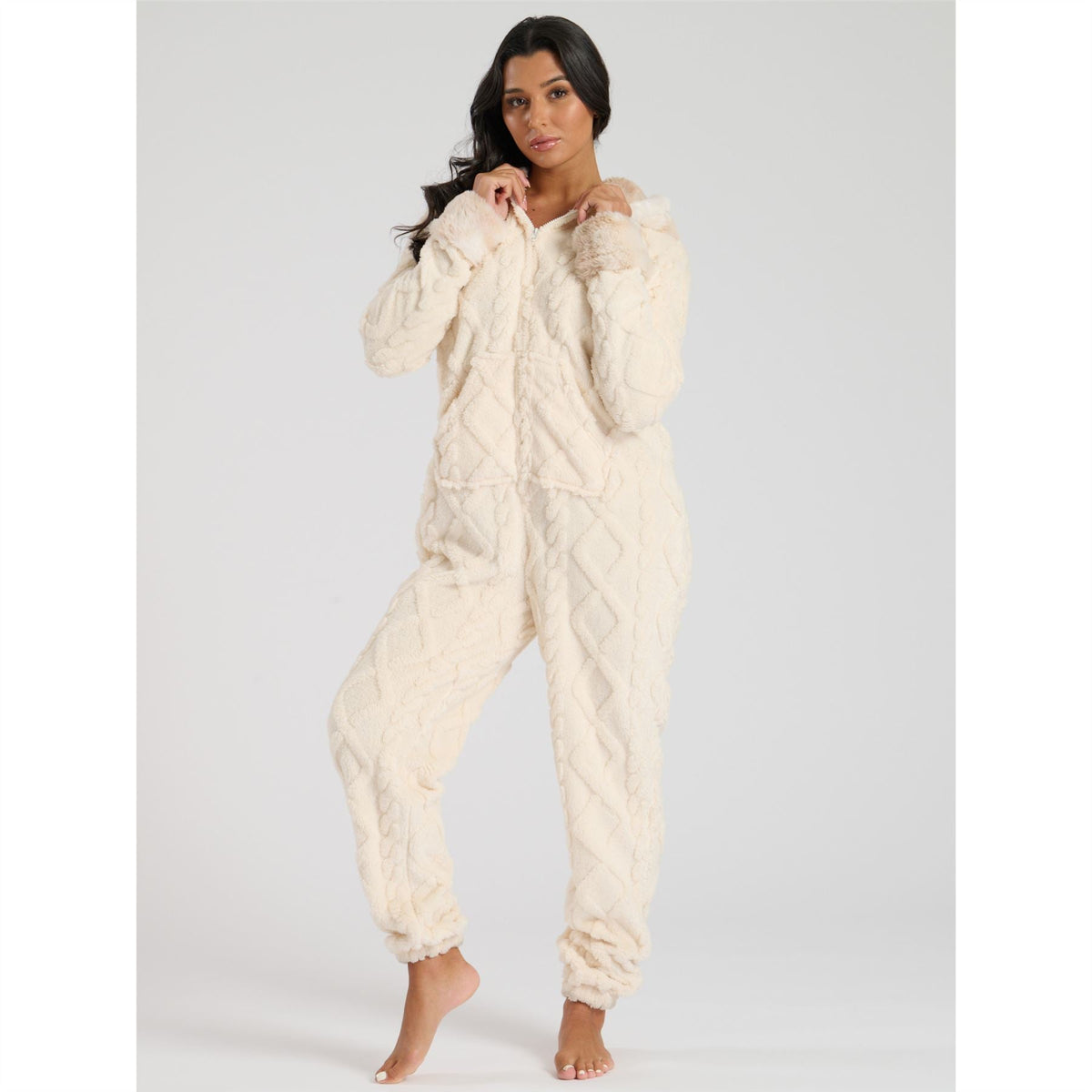 Loungeable Womens Cable Cut Faux Fur Sherpa Fleece Onesie Loungeable