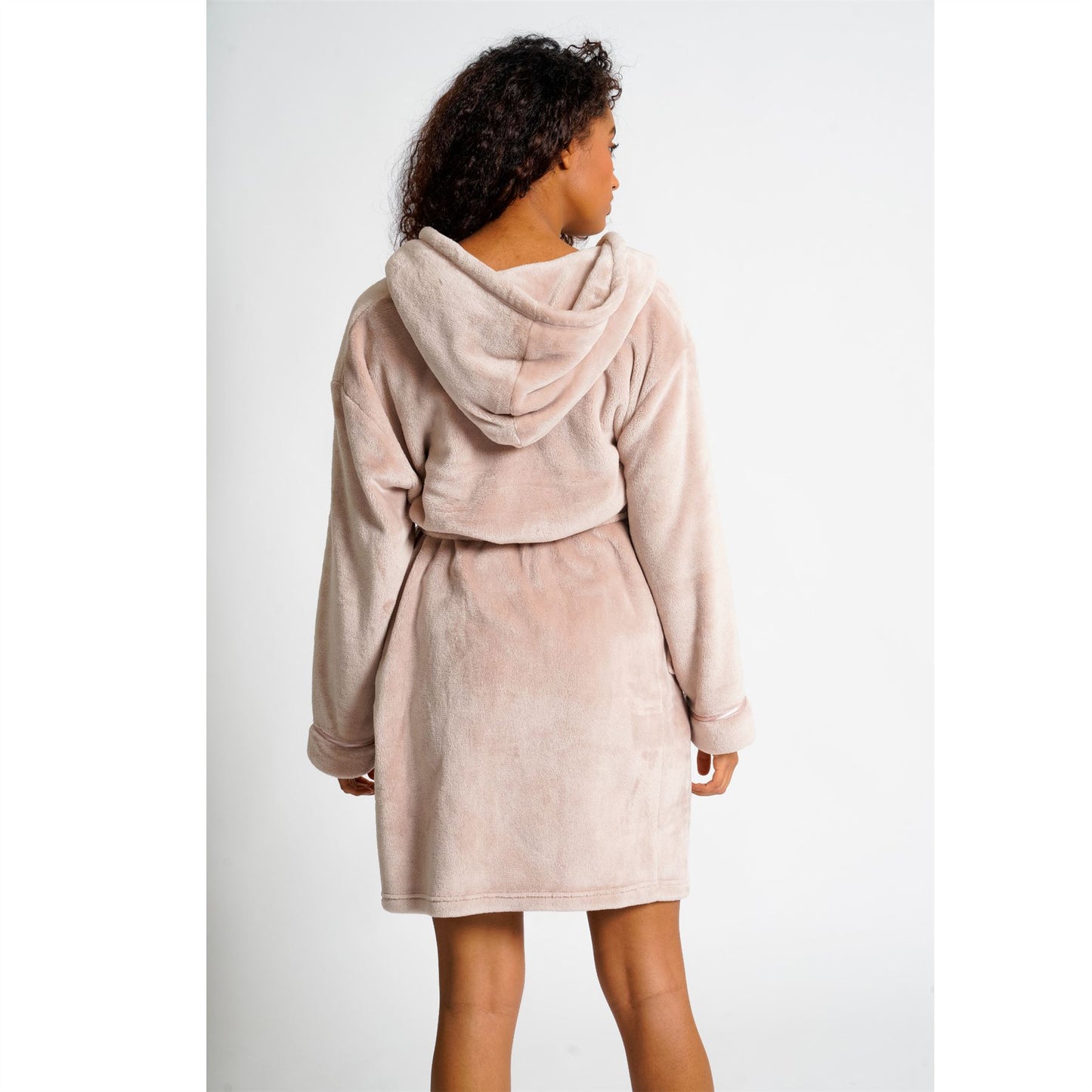 Loungeable Womens Satin Trim Fleece Hooded Robe - Mink