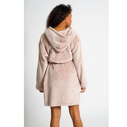 Loungeable Womens Satin Trim Fleece Hooded Robe - Mink