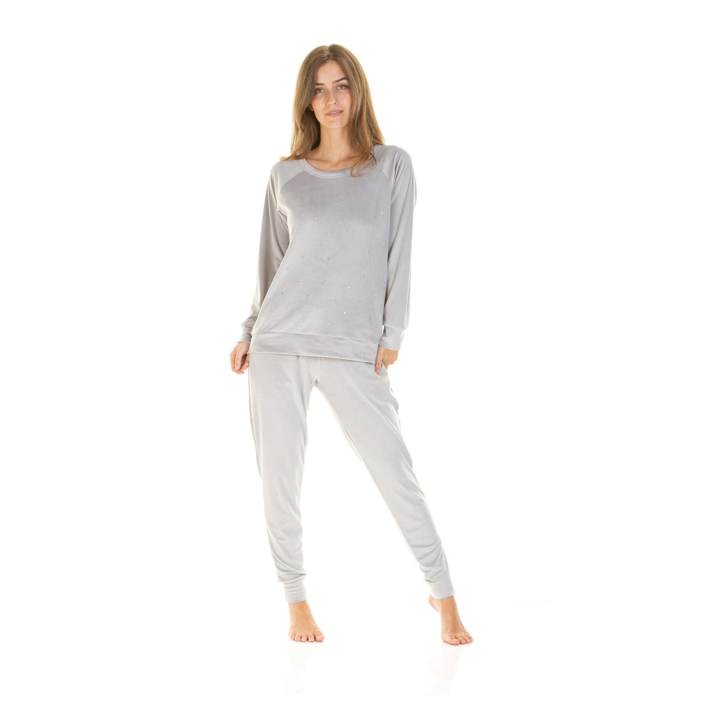 La Marquise Womens Velour Lounge Diamond Front Pyjamas - Grey
