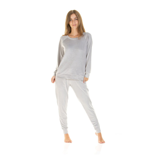 La Marquise Womens Velour Lounge Diamond Front Pyjamas - Grey