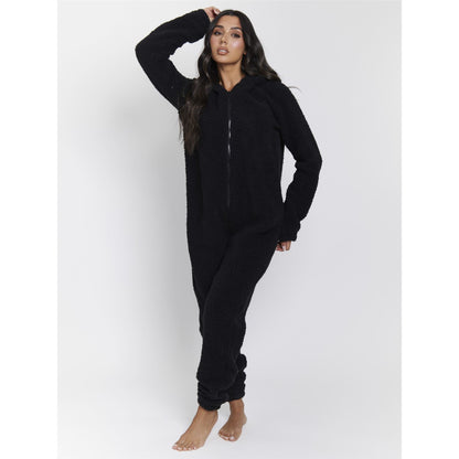 Loungeable Womens Sherpa Fleece Teddy Bear Onesie - Black