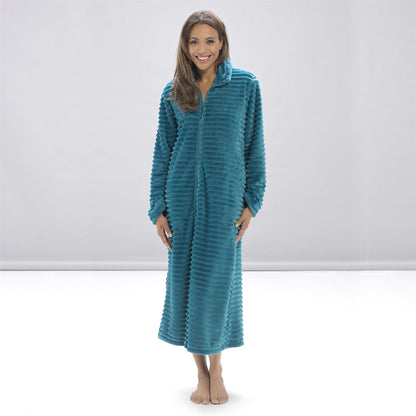 Wolf and Harte Womens Zip Through Ribbed Fleece Robe - Teal