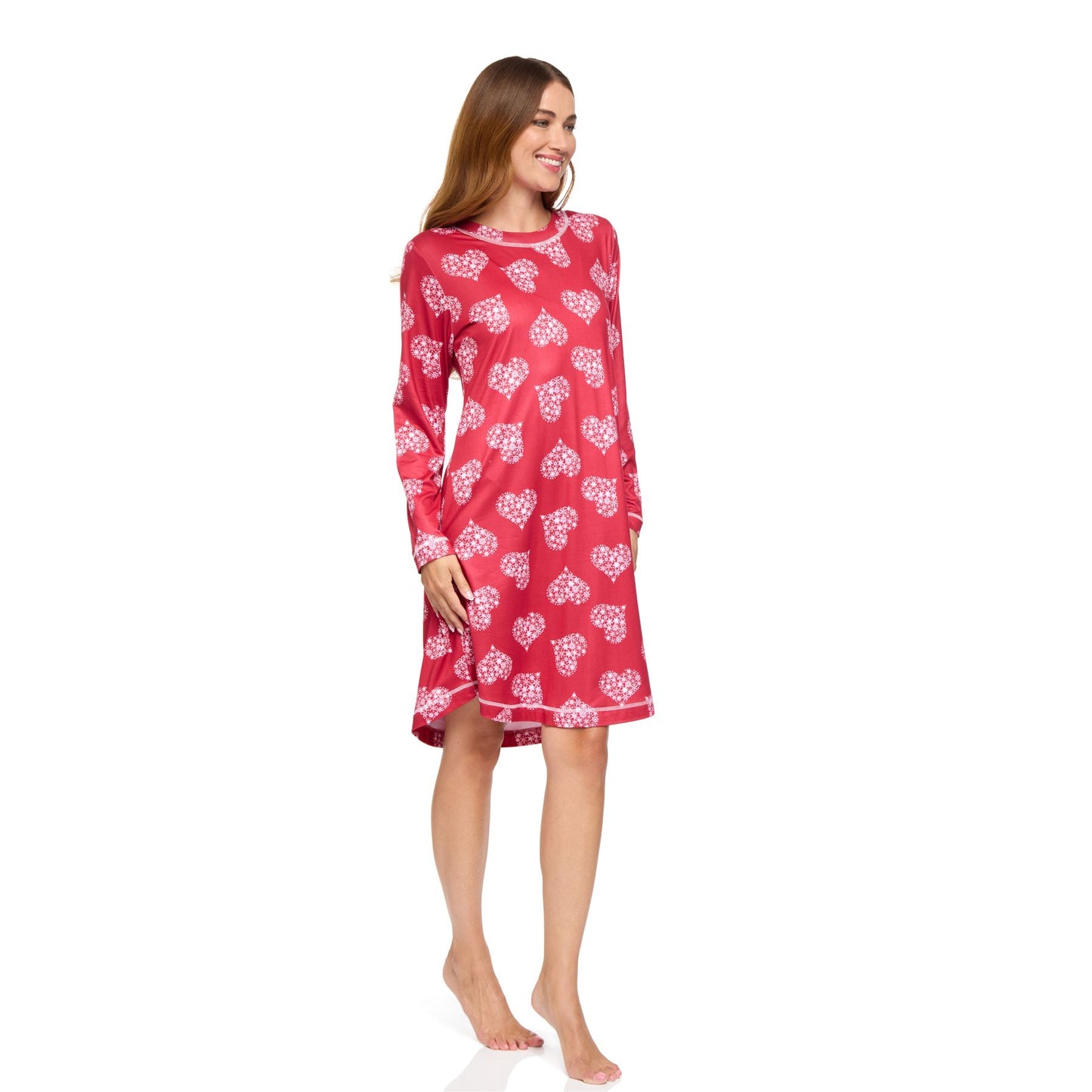 La Marquise Womens Jersey Knit Stars Long Sleeve Nightdress - Red