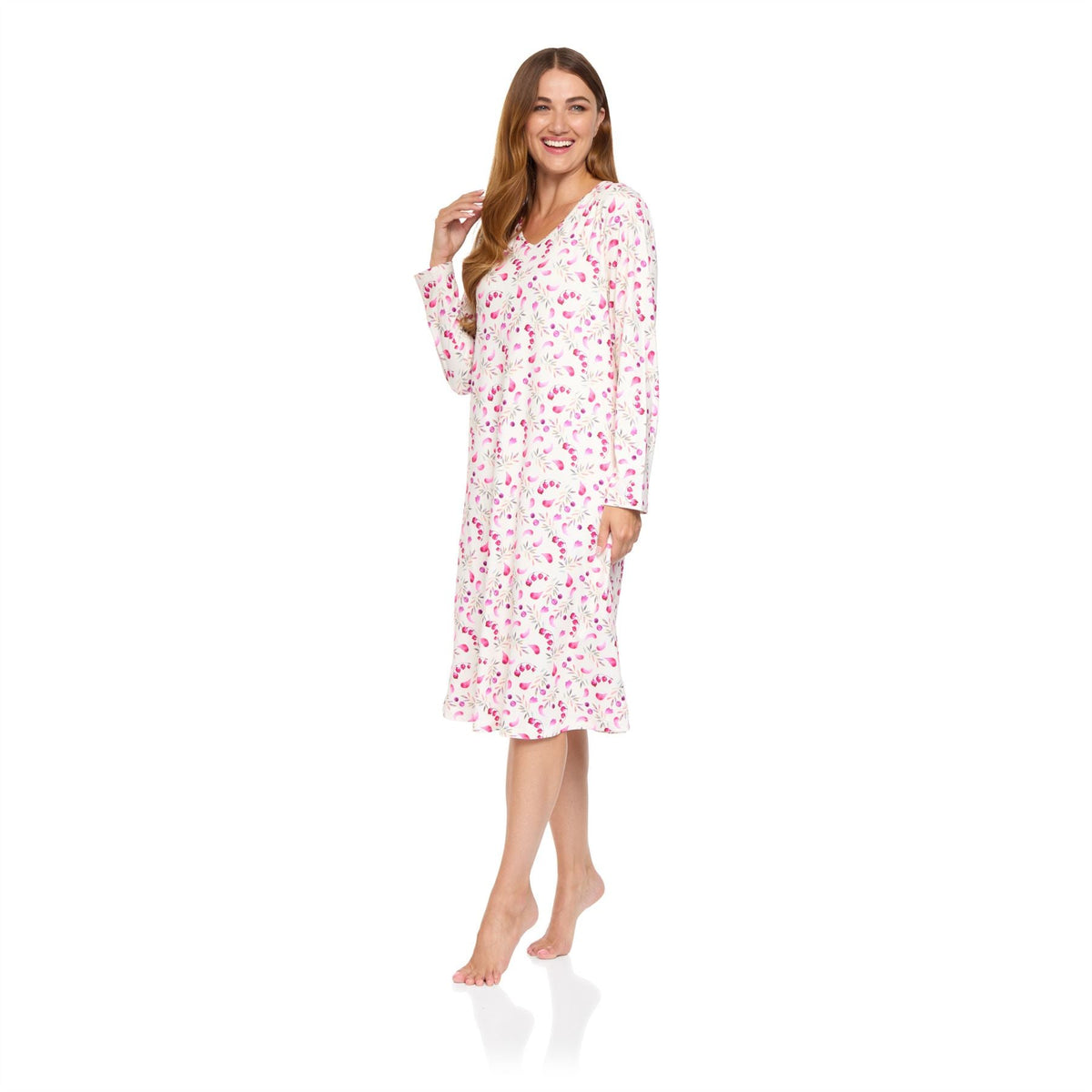 La Marquise Womens 'Berried Treasure' Long Sleeve Jersey Nightdress - Ivory La Marquise