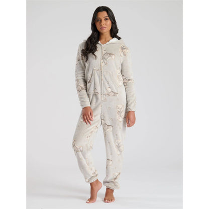 Loungeable Womens Teddy Bear Print Fleece Onesie - Taupe