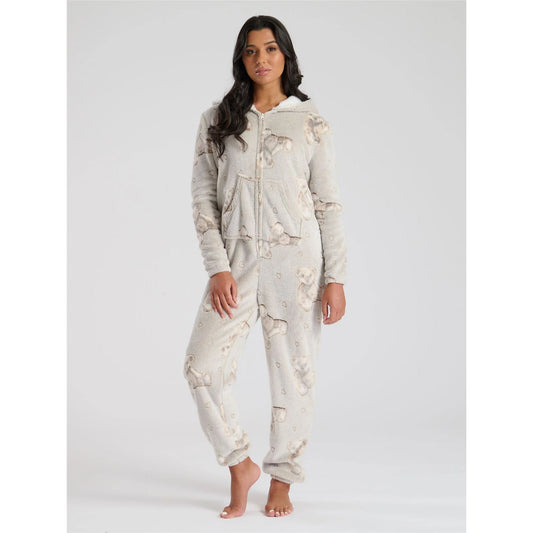 Loungeable Womens Teddy Bear Print Fleece Onesie - Taupe