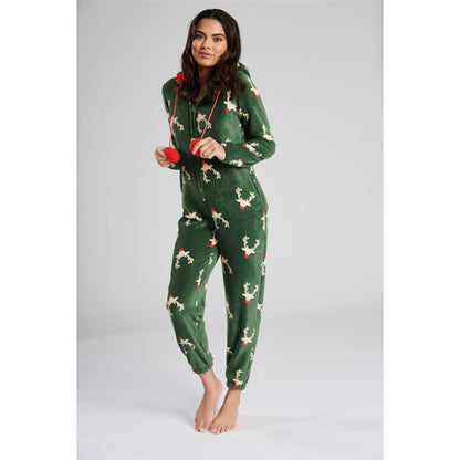 Loungeable Womens Reindeer Fleece Onesie - Green