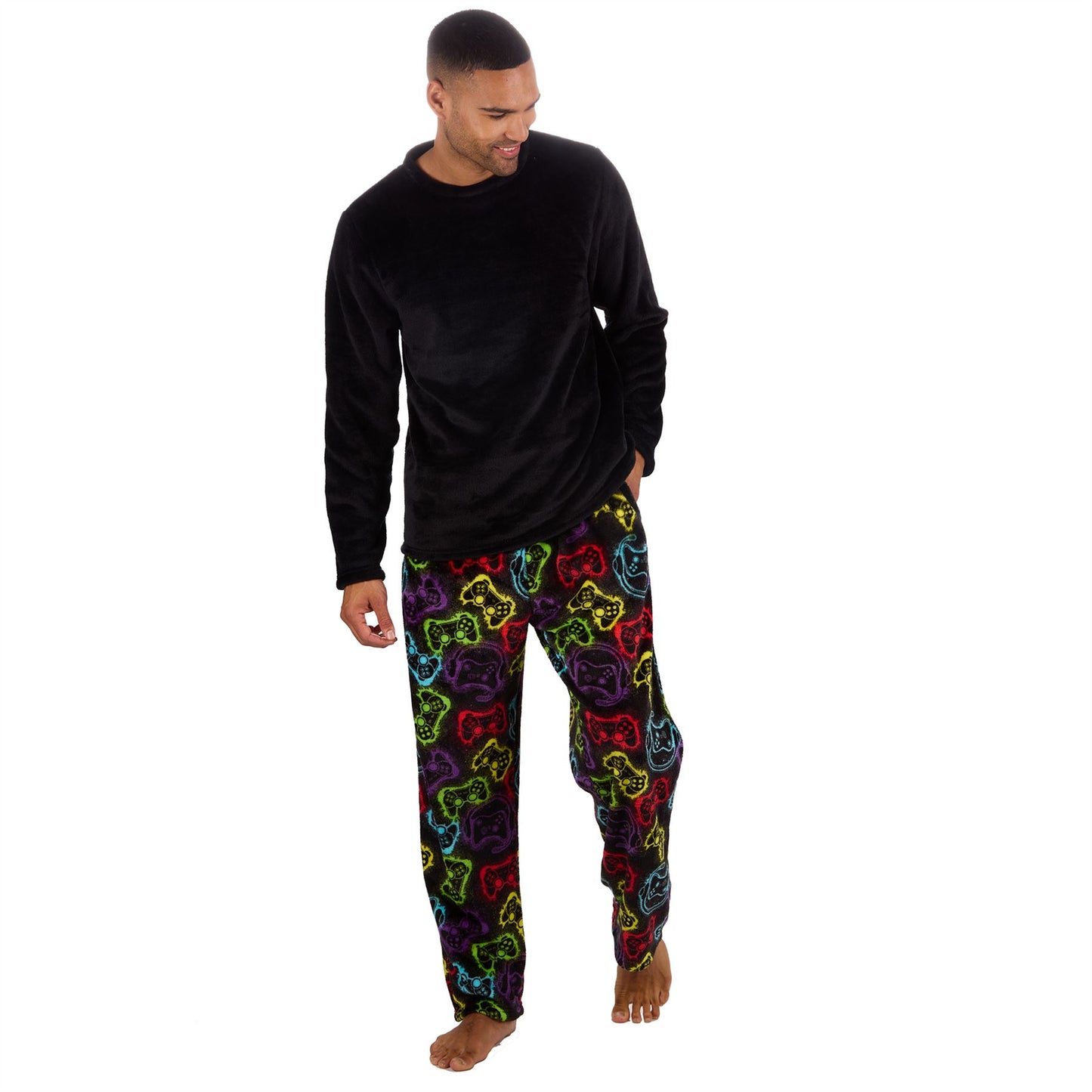 Cargo Bay Mens Fleece Gamer Print Pyjamas - Black/Multi