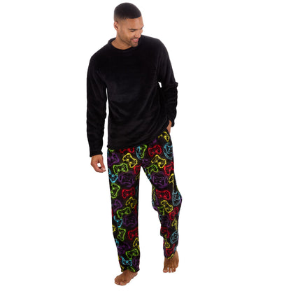 Cargo Bay Mens Fleece Gamer Print Pyjamas - Black/Multi