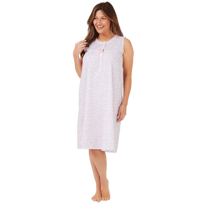 Marlon Womens Poly Cotton Sleeveless Swirl Leaf Nightdress - Pink