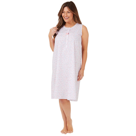 Marlon Womens Poly Cotton Sleeveless Swirl Leaf Nightdress - Pink