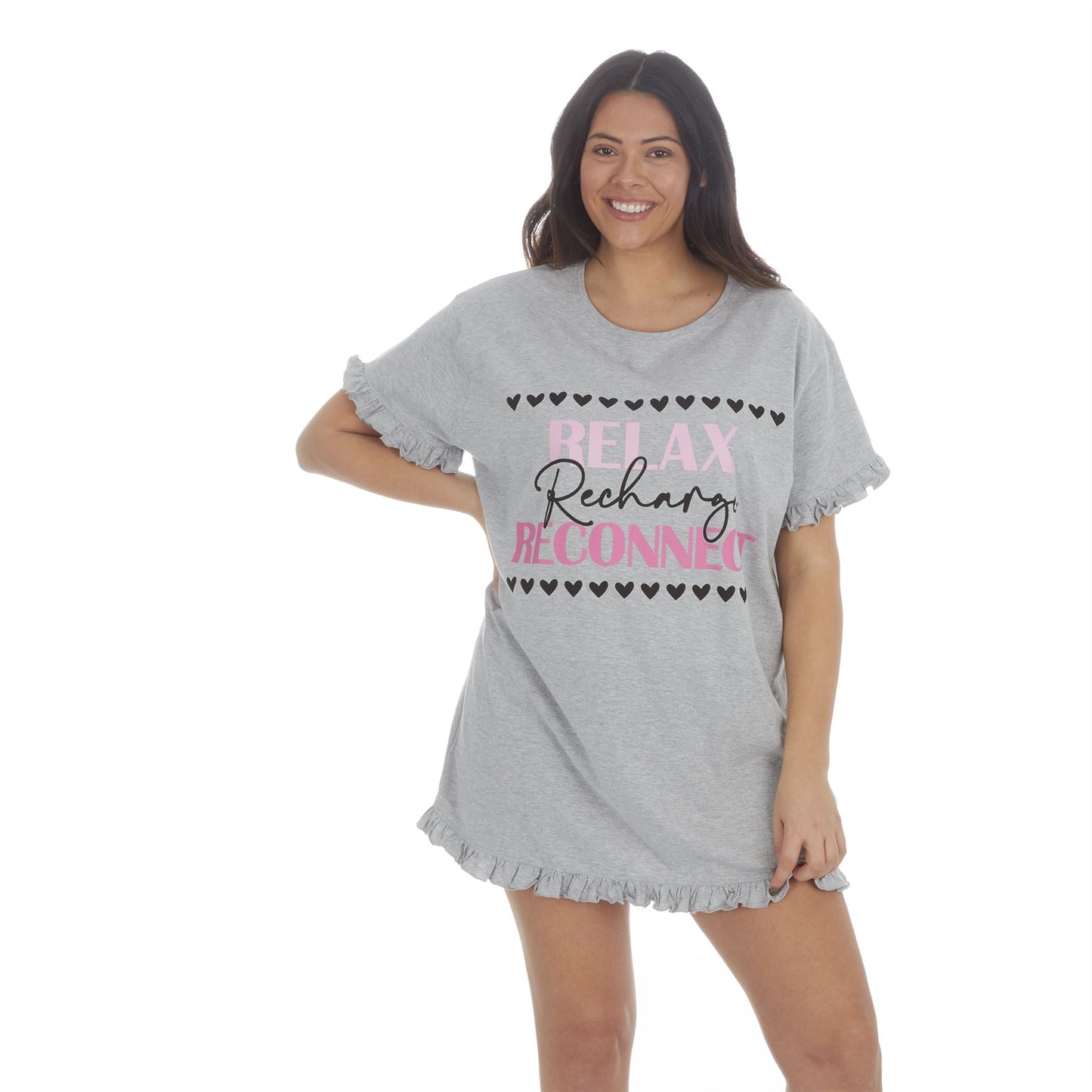 Forever Dreaming Womens 'Relax Recharge Reconnect' Frill Nightdress - Grey