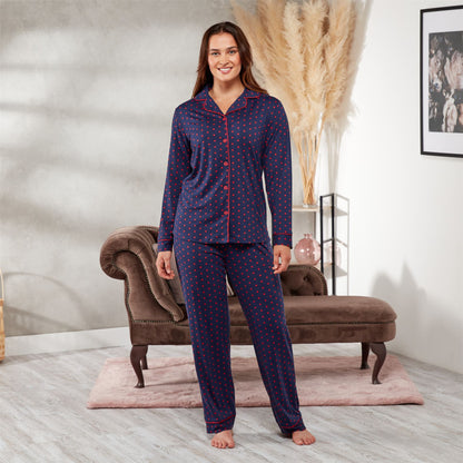 La Marquise Womens Jersey Knit Button Through Stars Pyjamas - Navy