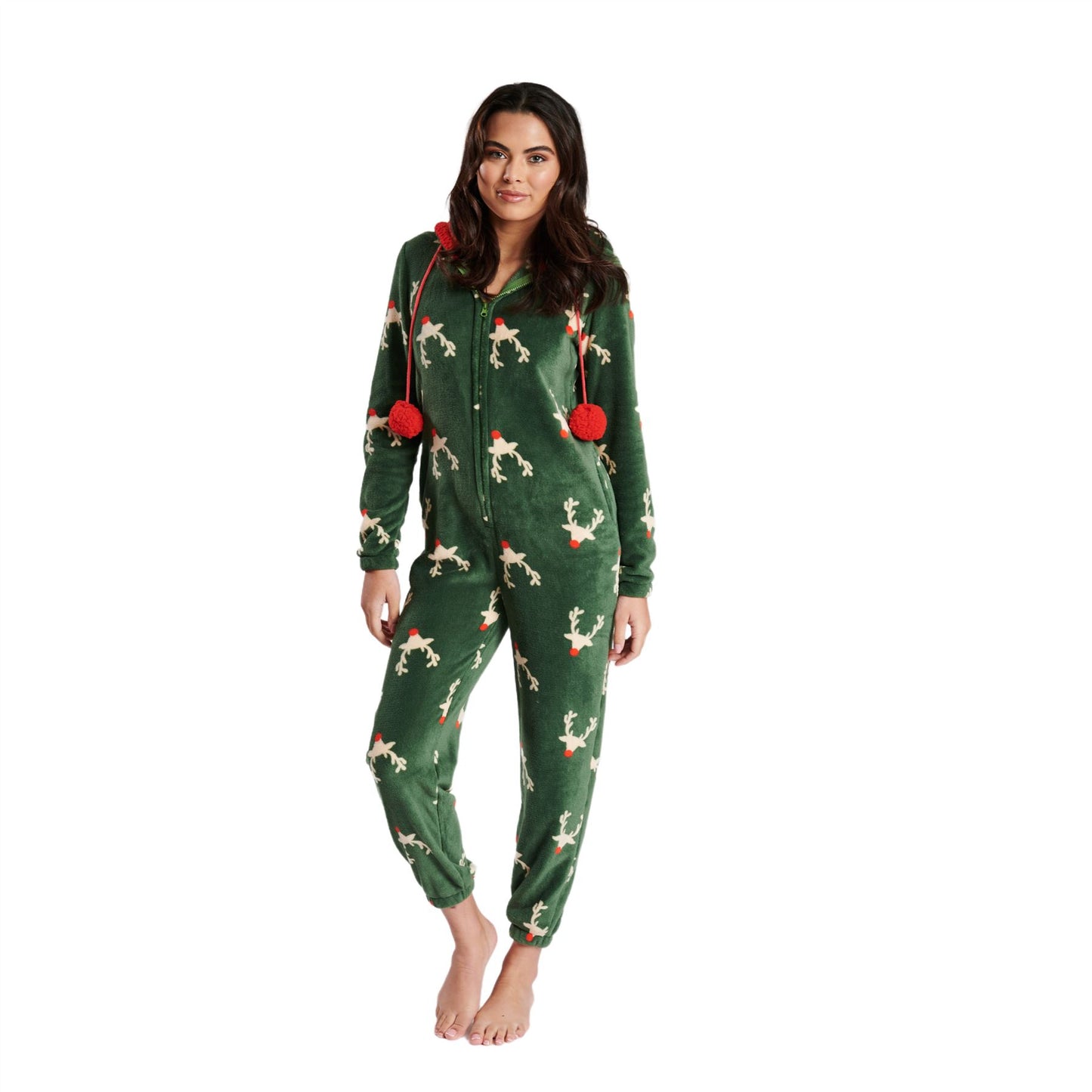 Loungeable Womens Reindeer Fleece Onesie - Green