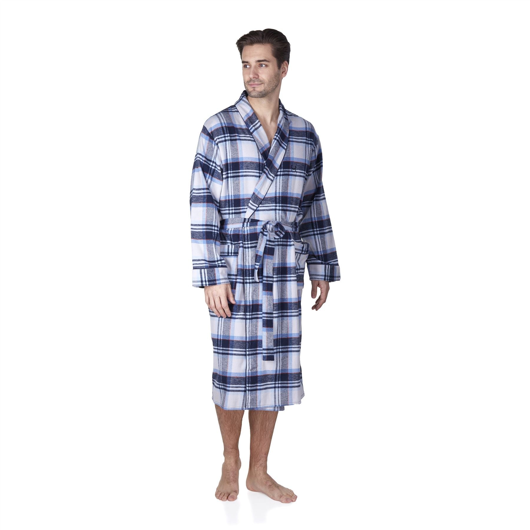 Haigman Mens Brushed Cotton Robe - Grey/Blue Check Haigman