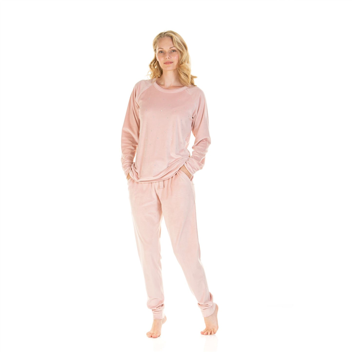 La Marquise Womens Velour Lounge Diamond Front Pyjamas - Pink