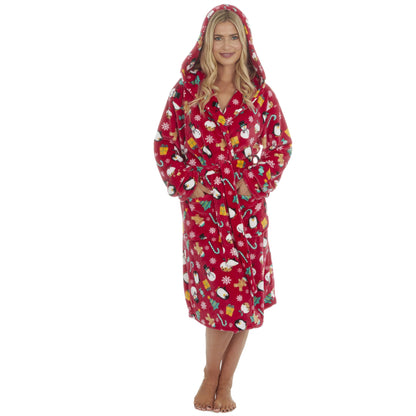 Slumber Party Unisex Christmas Print Flannel Fleece Robe - Red
