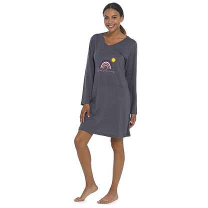 Follow That Dream Womens 'Good Morning' Rainbow Long Sleeve Nightdress - Charcoal