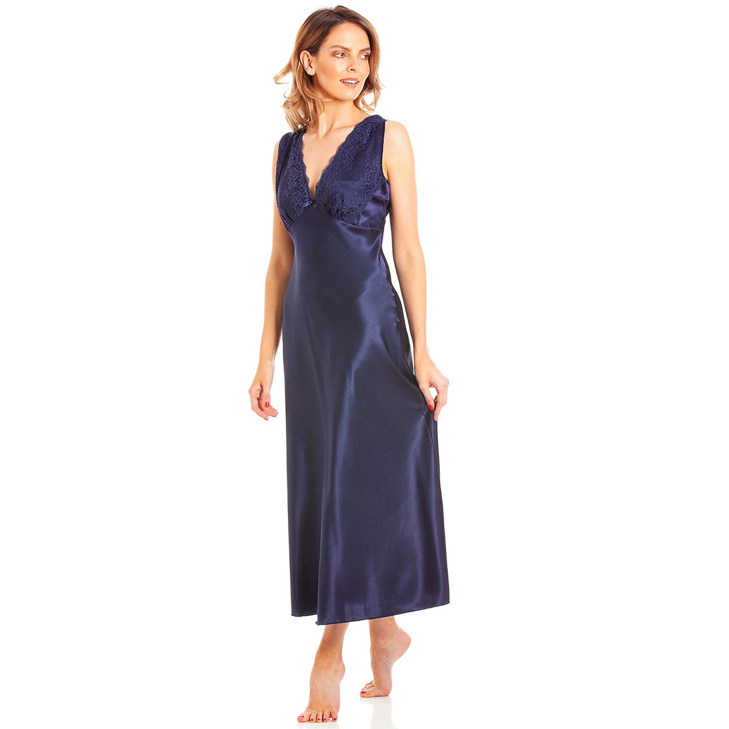 Lady Olga Long Satin Nightdress - Navy