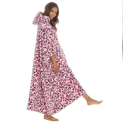 Huggable Hoodie Womens Fleece Oversized Poncho - Pink Leopard