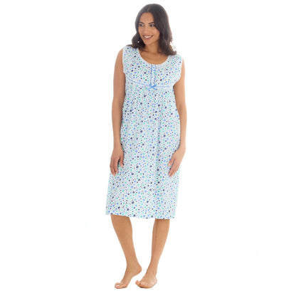 Countess Christie Sleeveless Woven Poplin Floral Nightdress - Blue/Mint