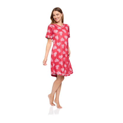 La Marquise Womens Jersey Knit Stars Short Sleeve Nightdress - Red