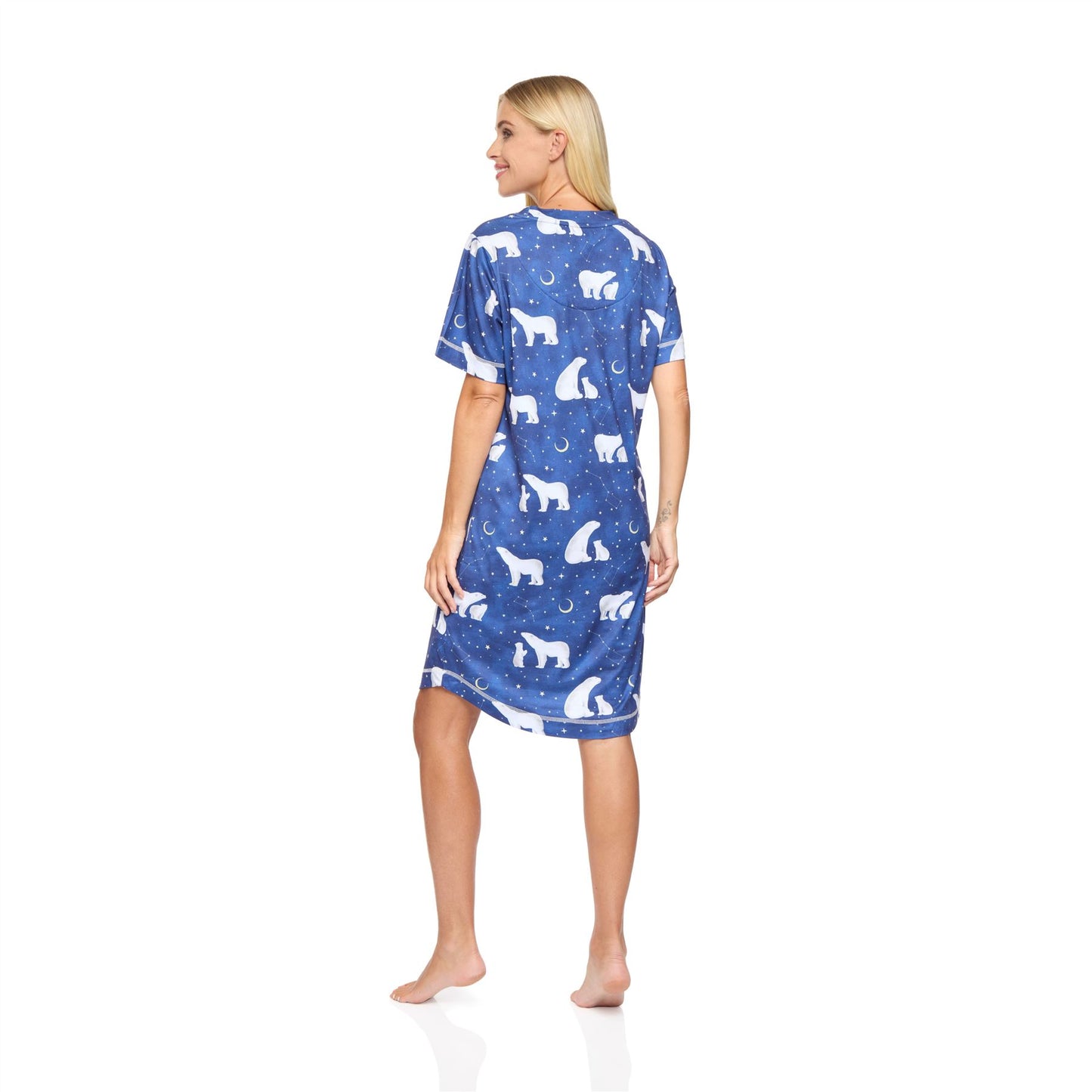 La Marquise Womens Jersey Knit Polar Bear Short Sleeve Nightdress - Navy